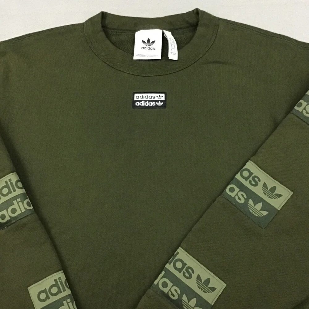 Adidas Sweatshirt Men Small Olive Repeating Trefoil Box Logo Sleeves Crewneck S